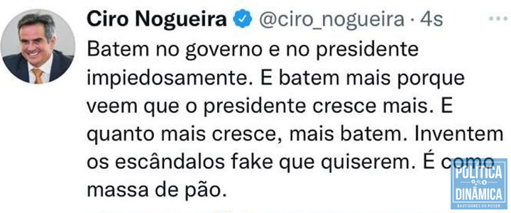 Em suas redes sociais, Ciro subiu o tom em defesa de Bolsonaro; também alega que "escândalos fake" aumentam intenções de voto no atual presidente (imagem: redes sociais)