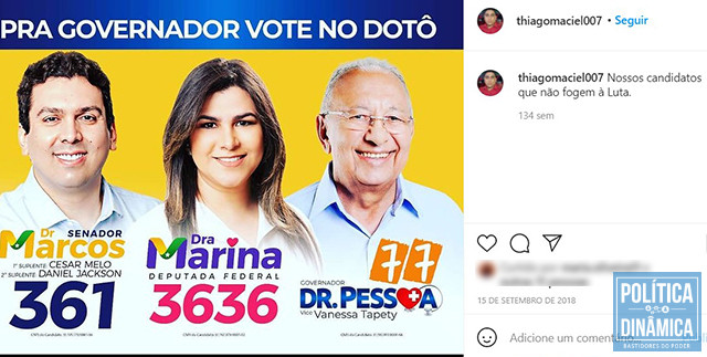 Investigados na Operação Fake News fazem campanha para Doutor Pessoa desde 2018; essa postagem no perfil de Thiago Maciel é de 15 de setembro daquele ano  (imagem: Instagram)