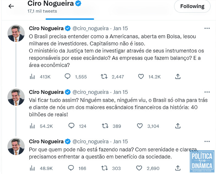 Ciro postou três twitter's sobre rombo da Americanas (foto: reprodução Twitter)