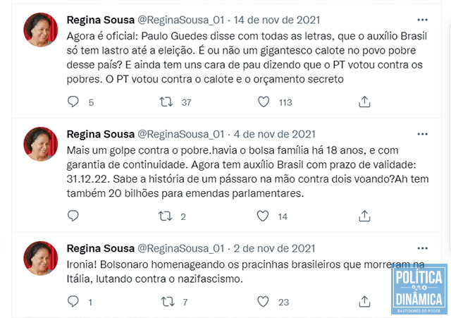 Cadê o Piauí ? nas redes sociais de Regina, post's são utilizadas, quase na totalidade, para criticar governo Federal e enaltecer imagem de Lula (reprodução: redes sociais)