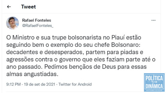 Post do Secretário Rafael Fonteles com críticas à oposição (Reprodução: Twitter)