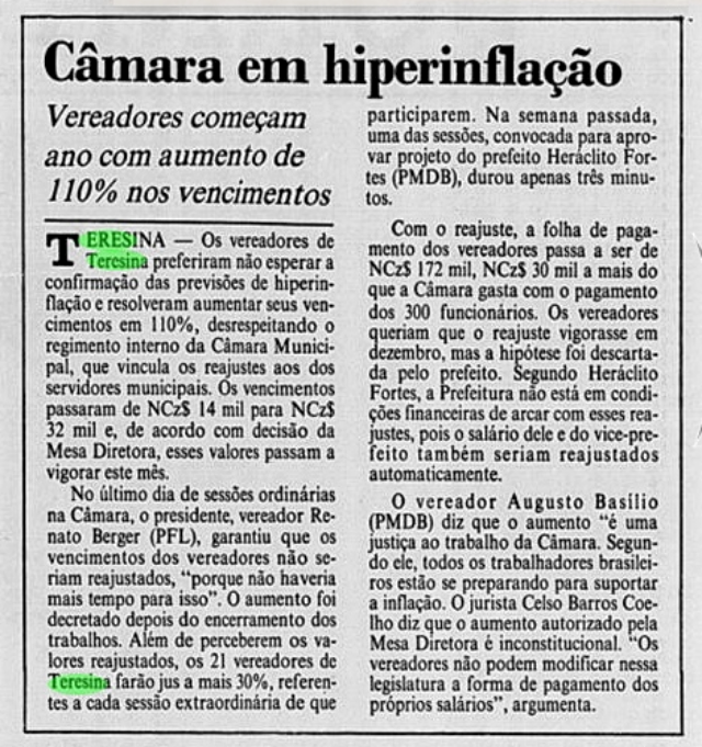Matéria do Jornal do Brasil sobre aumento para vereadores na CMT (Foto: Acervo/JB)