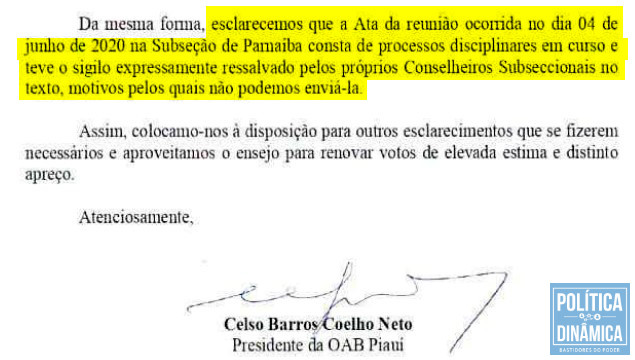 Em oficio enviado à polícia, Celso contraria depoimento de Élida e afirma que o documento existe e que foram os conselheiros de Parnaíba é que impediram seu envio (imagem: reprodução do inquérito)