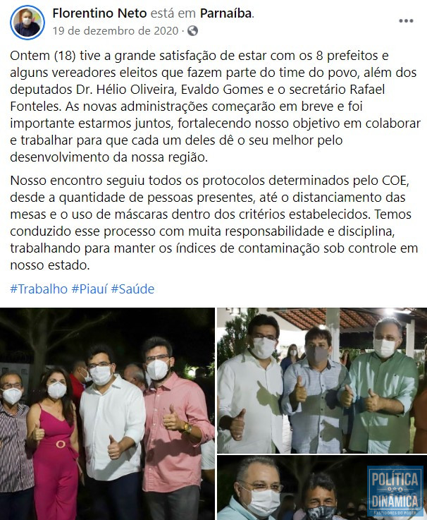 Em plena pandemia, ao invés de trabalhar para garantir que não faltassem insumos e leitos -- e faltaram! --, Florentino Neto estava fazendo campanha eleitoral antecipada para 2022 ao lado de Rafael Fonteles, como é possível verificar em suas redes sociais (imagem: reprodução)