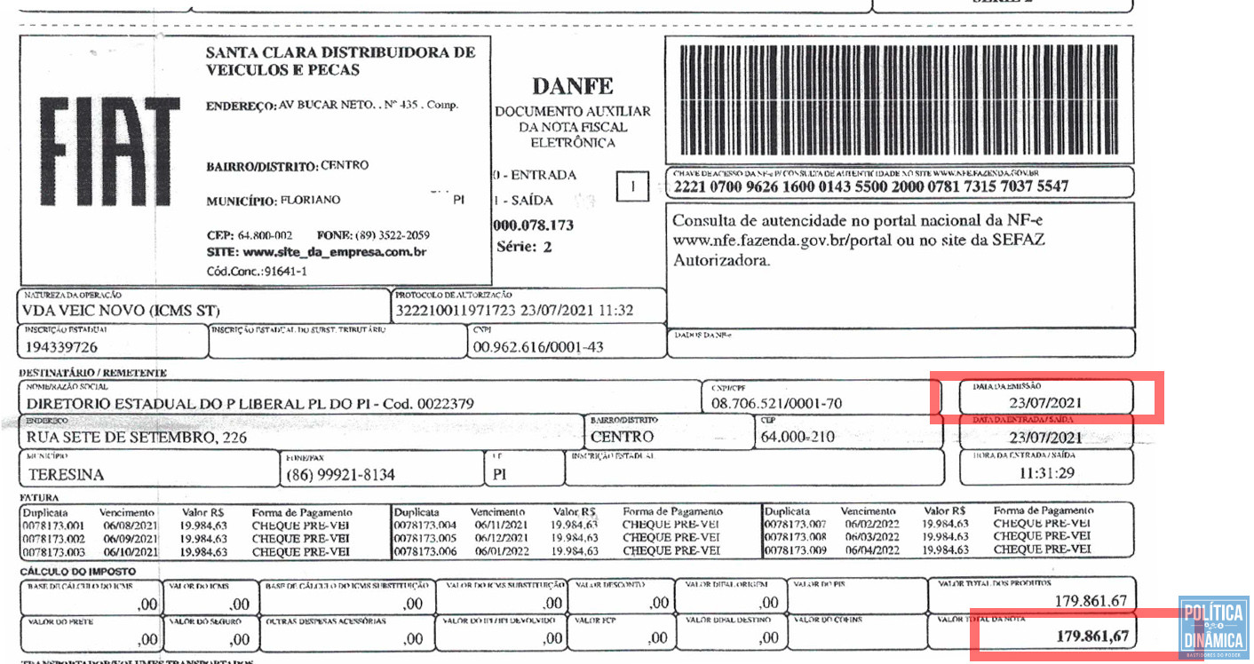 Nota fiscal do carro desaparecido.