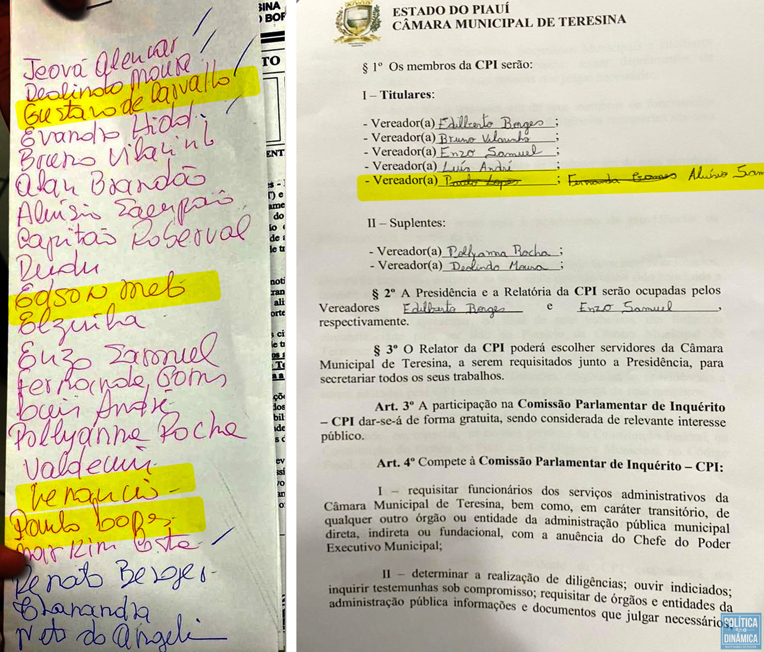 Do lado esquerdo, a relação dos vereadores que assinaram a CPI do Transporte; à direita, a composição da CPI; é possível observar que o PSDB tinha uma vaga ocupada pelo vereador Paulo Lopes, que depois foi passada para a vereadora Fernanda Gomes, que por sua vez cedeu o espaço para o vereador Aluísio Sampaio (foto: reprodução)