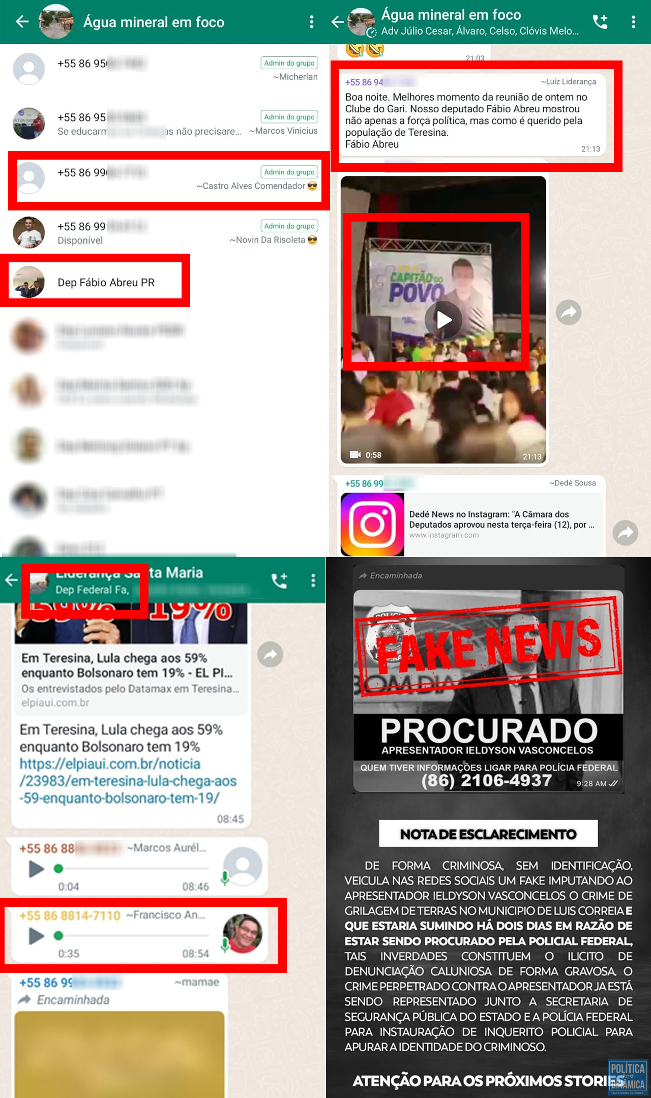 Grupos onde as calúnias contra Ieldyson foram espalhadas são também grupos em que propagandas de Fábio Abreu são distribuídas; o próprio deputado federal participa de vários deles; no canto inferior direito, mensagem postada por Ieldyson desmentindo as calúnias (imagns: reprodução)