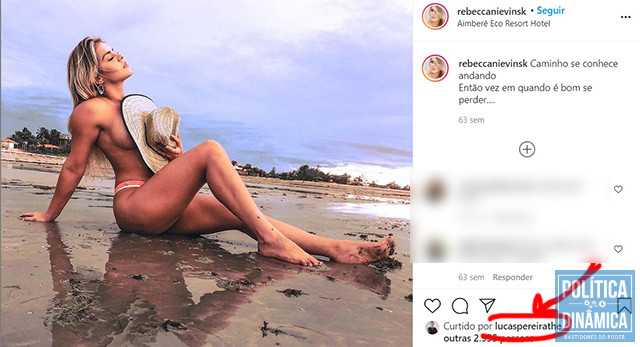 Até o secretário de Comunicação da PMT, Lucas Pereira, sabe que Rebecca é influenciadora digital e curte os posts dela no Instagram; deveria ter dito ao prefeito para ter cautela (imagem: Instagram)