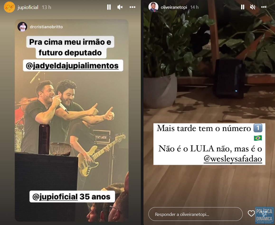 Safadões: nas redes sociais, os próprios pré-candidatos fazem alusão para associar o show de Wesley Safadão ao momento eleitoral; no perfil oficial da Jupi Alimentos foram compartilhados posts que apontam a candidatura de Jadyel Alencar a deputado federal, ja no caso de Oliveira Neto, o próprio deputado fez alusão à candidatura do ex-presidente Lula, figura à qual ele mesmo se associa em Miguel Alves (imagens: Instagram)