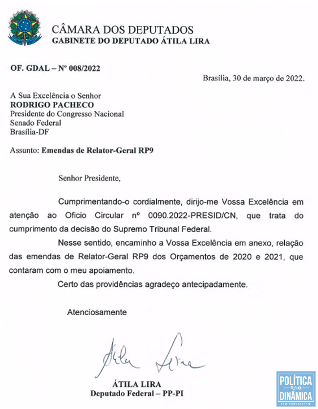 Ofício assinado pelo deputado piauiense reconhecendo que indicou emendas do "orçamento secreto" (imagem: reprodução STF)