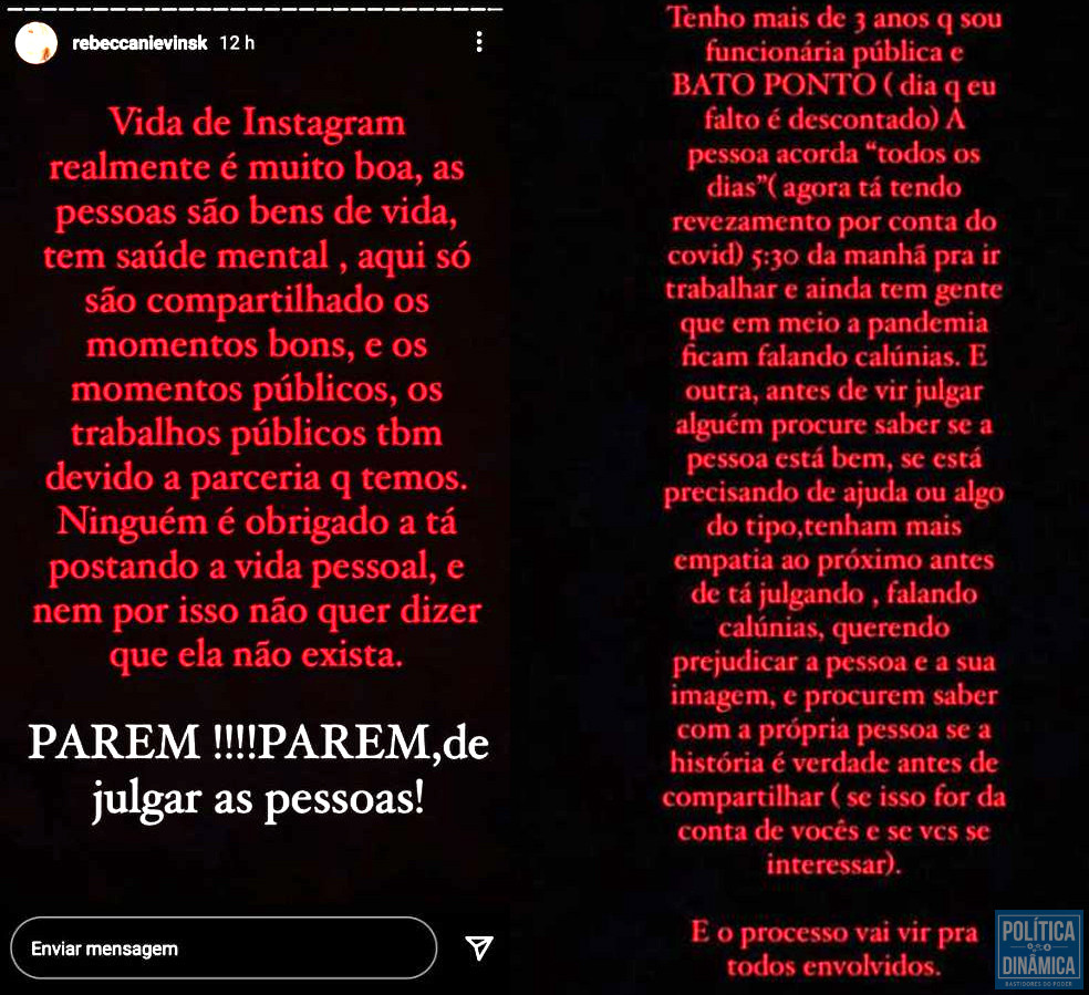 Rebecca desabafou em suas redes sociais, prometeu processo para quem estava difamando sua imagem e se disse vítima de calúnias (imagem: reprodução)