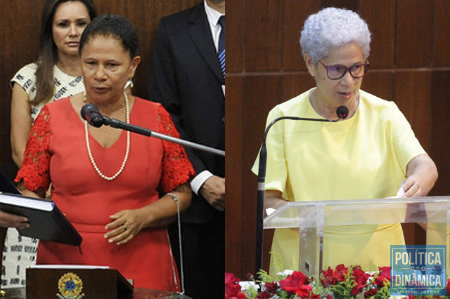 Em 2015 (à esquerda), Regina usou o vermelho petista para assumir a cadeira no Senado Federal; agora, em 2022, usa amarelo para tomar posse no Governo do Estado do Piauí (fotos: Senado | Jailson Sores | PD)