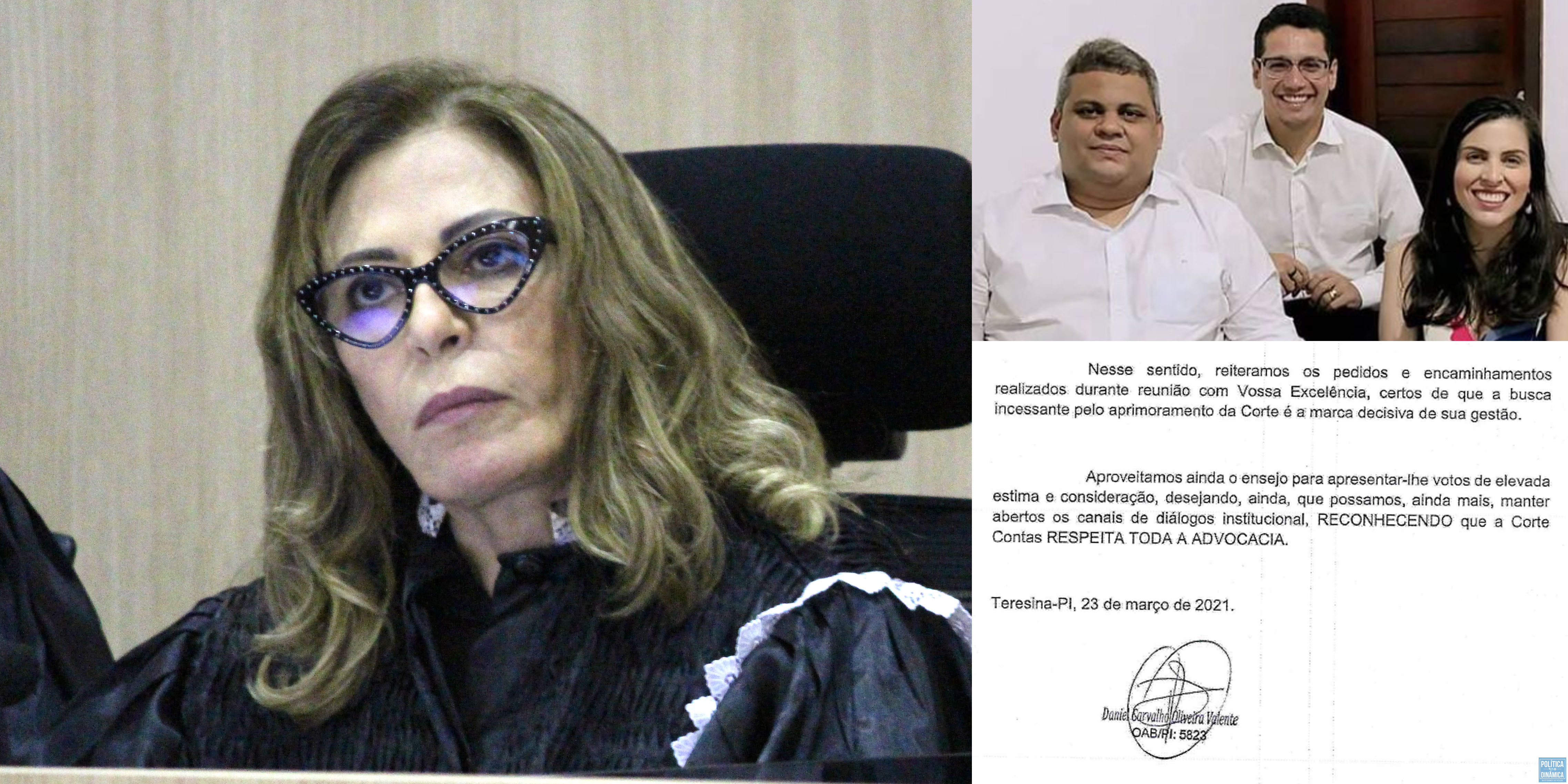 Lilian Martins nem deveria estar no TCE-PI, pra começo de conversa. Agora adivinha quem é o advogado pessoal dela no processo que aponta ilegalidade na nomeação dela para a Corte: começa com "Raimundo" e termina com "Júnior". Aí os advogados Daniel Oliveira e outros aliados assinam um documento que apoia a conselheira presidente atual presidente do TCE diante de um desrespeito cometido pela Corte contra um advogado? Chegaram junto ao lado errado, não? (fotos: Jailson Soares | PD | Instagram)