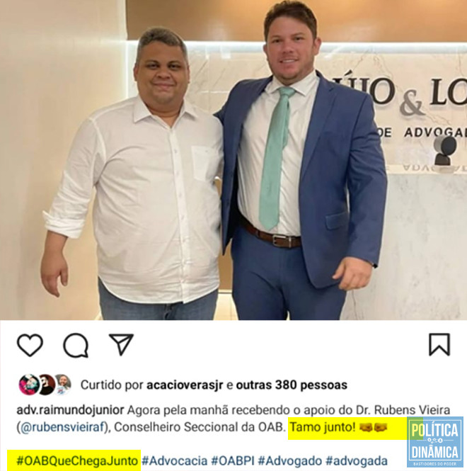 Em suas redes sociais, Raimundo Junior fortalece os laços de apoio daqueles que podem falar em seu nome sobre a campanha da OAB (imagem: instagram)