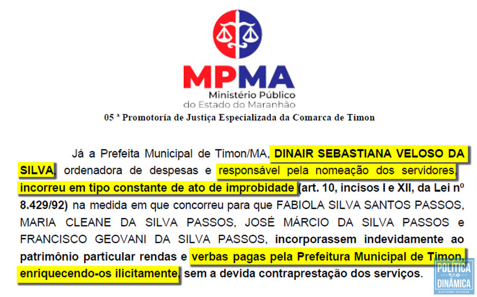 O Ministério Público do Estado do Maranhão não tem dúvidas de que Dinair sabia do esquema de nomeação de funcionários fantasmas (imagem: MPMA)