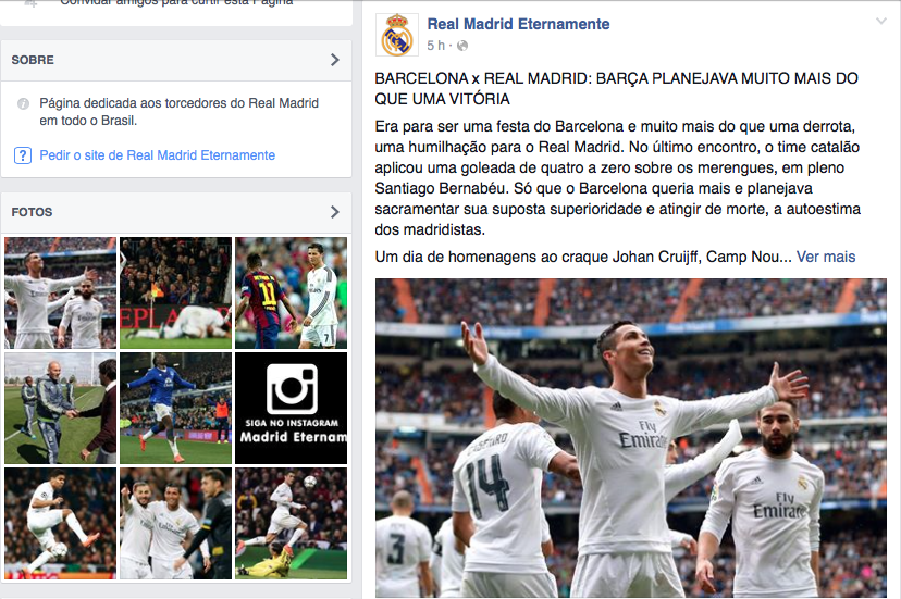 Print da fanpage Real Madrid Eternamente, que tem quase 7.500 seguidores no facebook