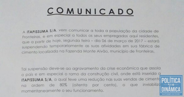 Comunicado emitido pela empresa sobre o fechamento (Foto: Divulgação/Itapissuma)