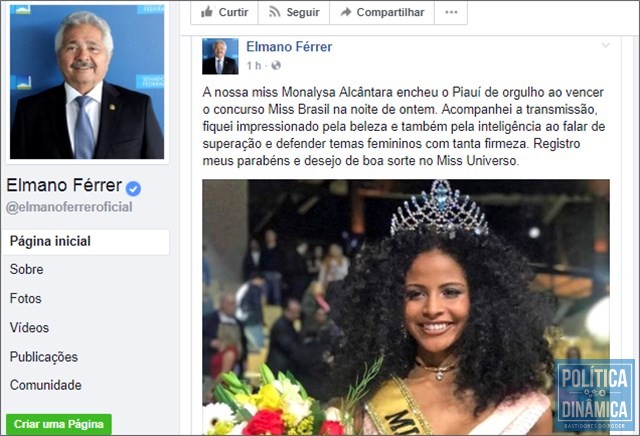 Senador Elmano destaca vitória da piauiense no Miss Brasil (Foto: Reprodução/Facebook)