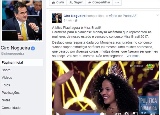 Senador Ciro também fez questão de parabenizar Monalysa (Foto: Reprodução/Facebook)