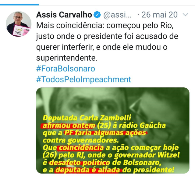 Postagem feita pelo deputado Assis no Twitter (Foto: Reprodução/Twitter)