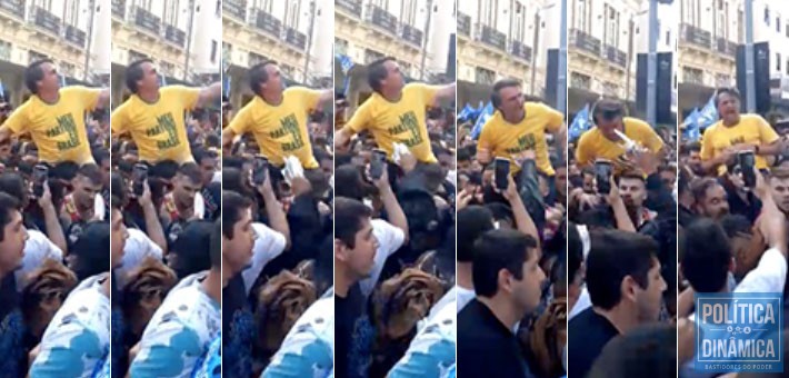 Jair Bolsonaro era levado nos ombros por militantes quando foi atingido por golpe de faca (imagem: reprodução)