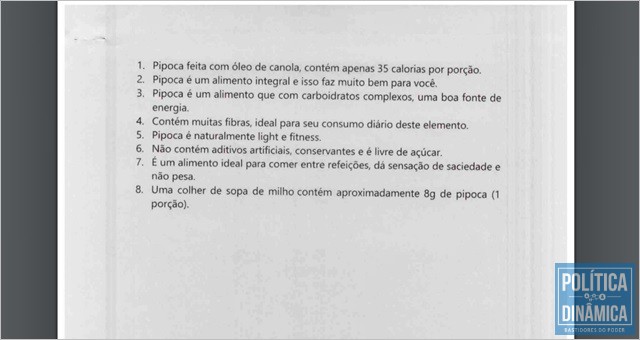 Anexo enviado pela prefeitura mostra poder nutricional da pipoca (Foto: Prefeitura SRN)