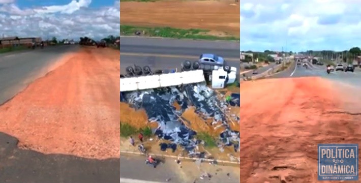 Carreta tombou em obra inacabada e sem sinalização (Fotos: Reprodução/TV Clube)