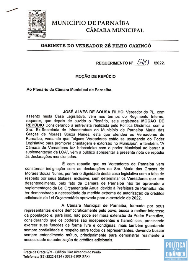 Carta foi aprovada por 11 dos 17 vereadores da Câmara de Parnaíba (foto: reprodução)