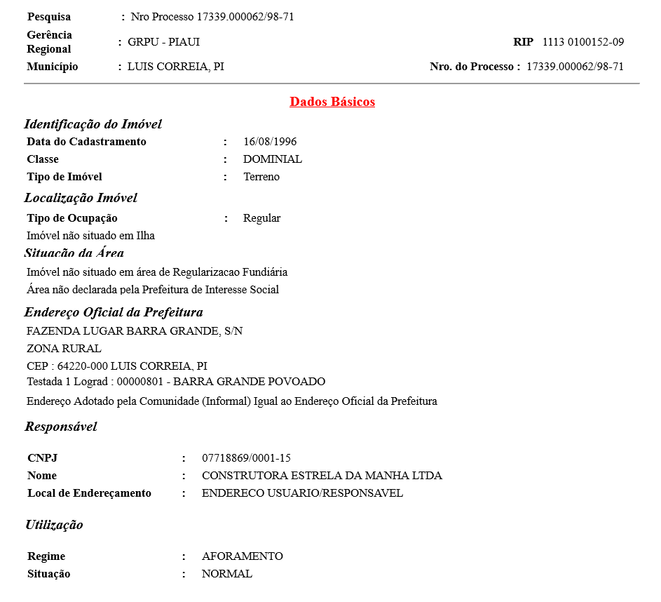 Documento do Patrimônio Geral da União aponta regime de aforamento para uso do terreno da União pela Construtora Estrela da manhã (foto: SIAPA)