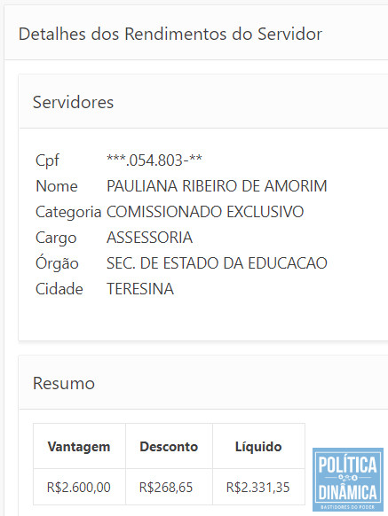 O salário que Pauliana recebeu durante os meses em que sua casa era reformada não para pagar a conta do granito usado na obra (imagem: portal da transparência do Piauí)