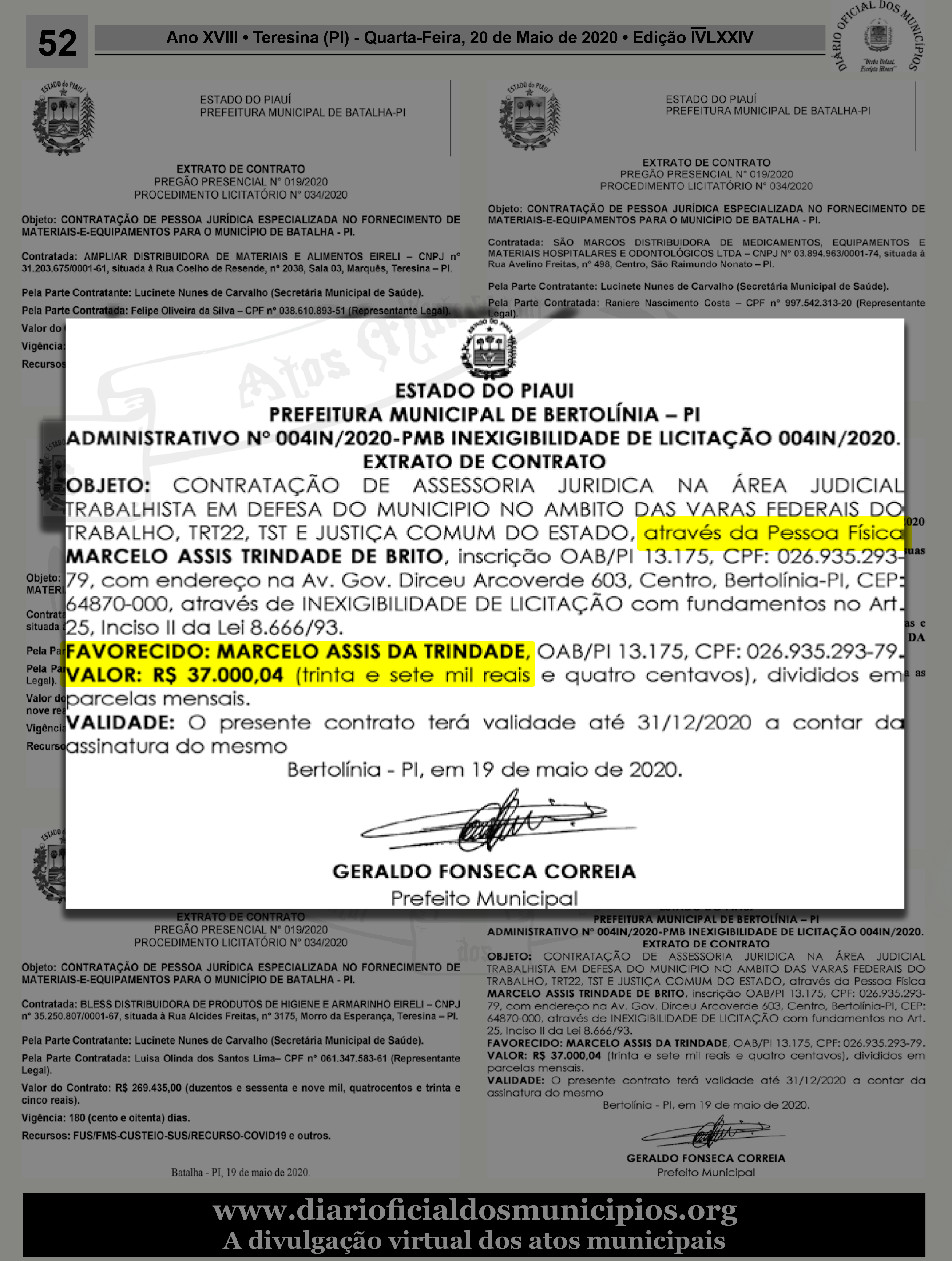 Contrato firmado no mesmo mês em que Marcelo recebeu duas parcelas do auxílio emergencial (reprodução)