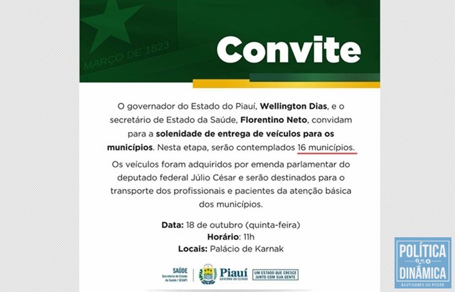 Convite distribuído pelo governo fala em 16 (Foto: Divulgação/Governo do Piauí)