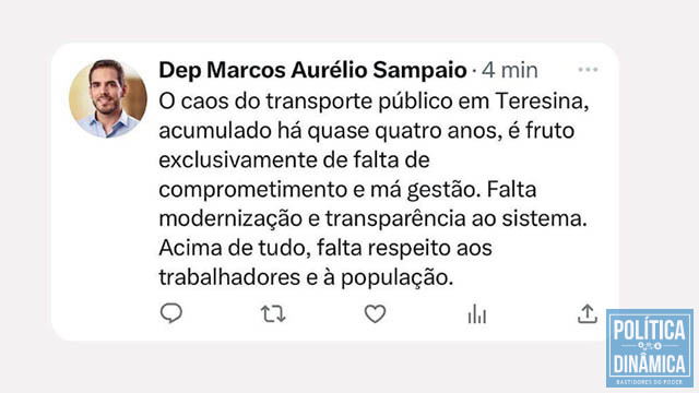 Parlamentar tem aumentado o "tom" das críticas sobre a atual gestão da Prefeitura de Teresina (Foto: reprodução Twitter)