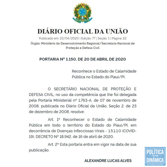 Portaria publicada no Diário Oficial da União (Foto: Reprodução/DOU)