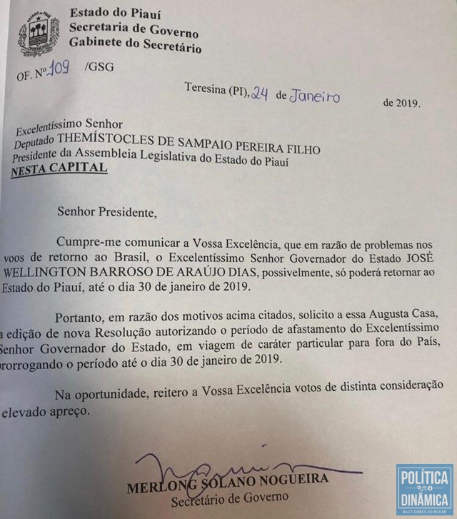 Ofício encaminhado pelo secretário Merlong Solano à Alepi.