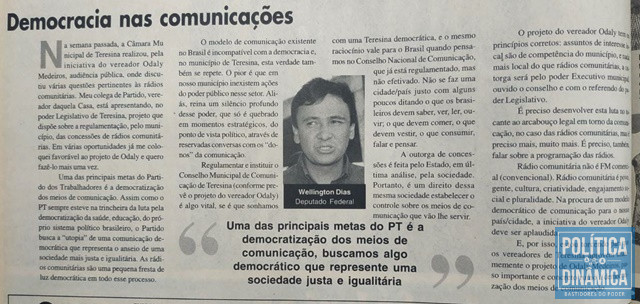 Artigo publicado pelo petista Wellington Dias em 2001 no jornal O Dia, de Teresina.