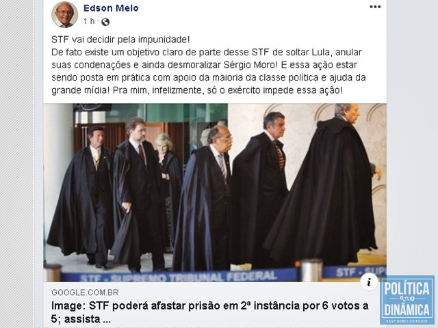 Postagem de Edson Melo no Facebook (Foto: Reprodução/Facebook Edson Melo)