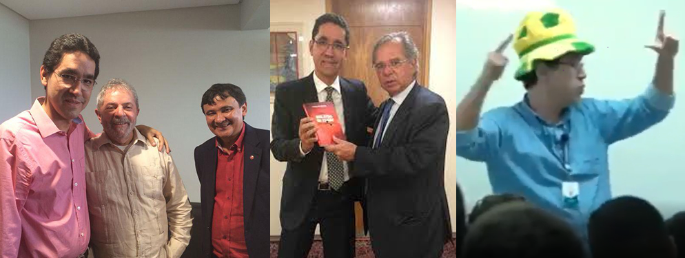 Na primeira foto, André Baia se confraterniza com Lula e Wellington Dias; na imagem do meio, em 2019, ao lado de Paulo Guedes; na terceira foto se manifesta sobre reforma da previdência (fotos: redes sociais)