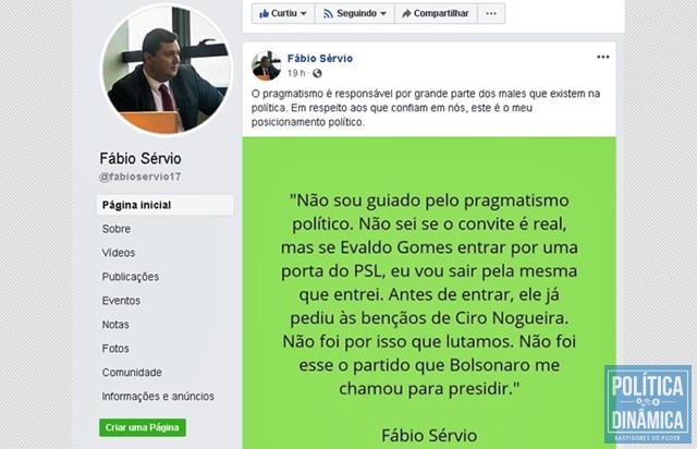 Em postagem, Sérvio ameaça deixar o PSL (Foto: Reprodução/Facebook)