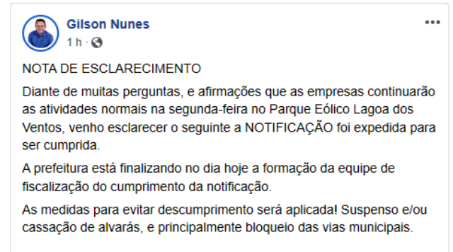 Publicação feita pelo prefeito em uma rede social (Foto: Reprodução/Facebook)