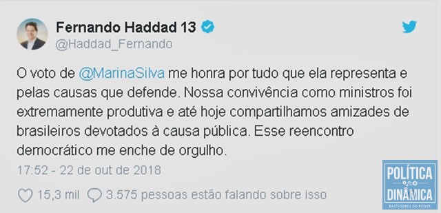 Haddad agradeceu apoio de Marina Silva (Foto: Reprodução/Twitter)