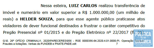 Trecho do pedido de prisão aponta que Helder recebeu vantagem ilícita para trabalhar para fazer parte da organização criminosa que desviou recursos da Educação do Piauí (imagem: PoliticaDinamica.com)