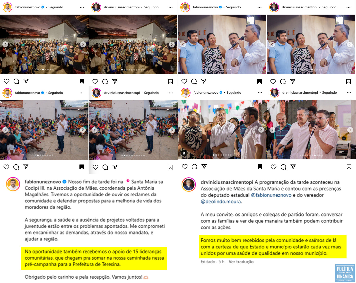 Fábio e Vinícius usam as mesmas fotos no Instagram para falar do evento na Associação de Maes da Santa Maria e o texto dos posts são sugestivamente inclunados à campanha eleitoral (foto: montagem com imagens do Instagram)