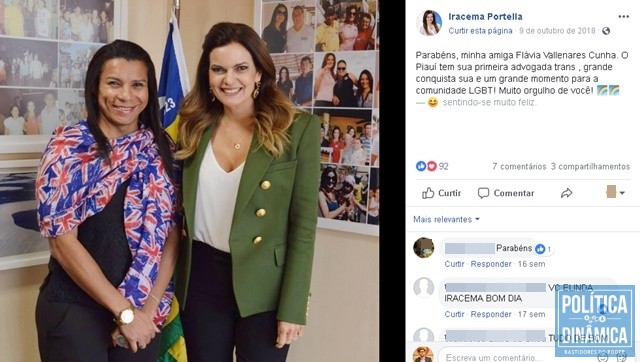 Nas redes sociais, deputada Iracema parabenizou (Foto: Reprodução/Facebook)