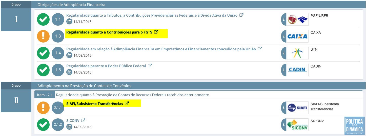 Duas irregularidades: falta de pagamento do FGTS e de contrapartida de convênio com a Secretaria de Infraestrutura (imagem: reprodução)