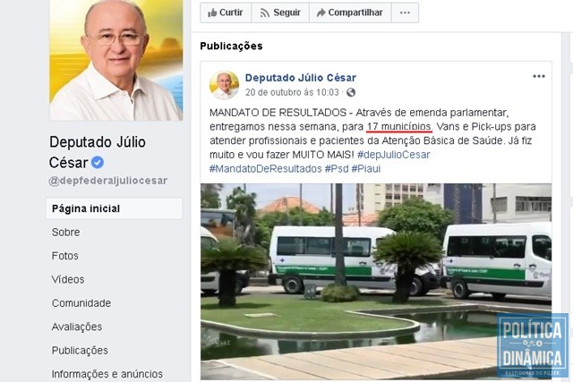 Júlio César, que destinou a emenda, diz que são 17 (Foto: Reprodução/Facebook)