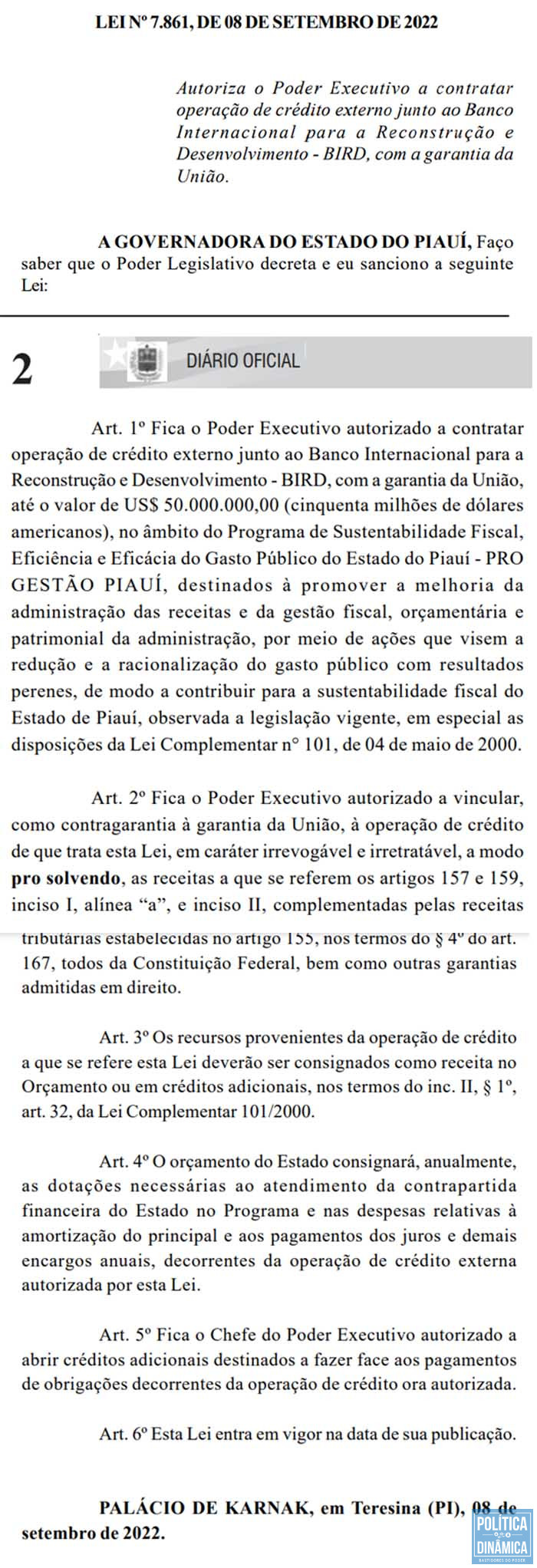 Empréstimo milionário terá ainda como garantia a União, que fica como avaliador em caso de calote do Estado (foto: reprodução Diário Oficial do Piauí)