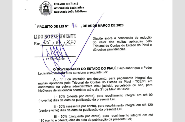 Projeto de Lei apresentado por João Mádison na Assembleia (Foto: Reprodução/Alepi)