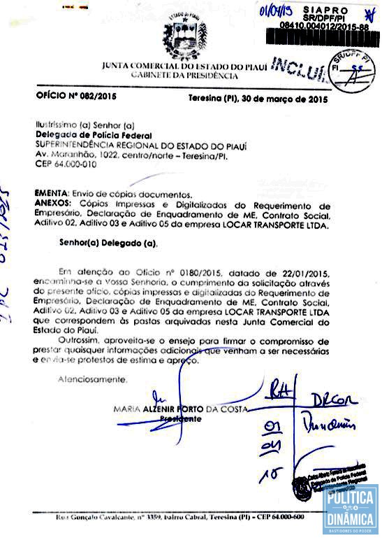Alzenir Porto demorou dois meses para responder a solicitação da Polícia Federal com as informações sobre a LOCAR Transportes (imagem: reprodução)