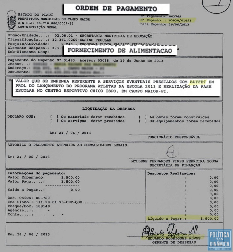 Ordem de pagamento utilizada para bancar o transporte escolar, mas que era realizada como aquisição de lanches (imagem: reprodução)